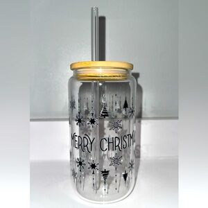 Merry Christmas Glass Tumbler with Straw